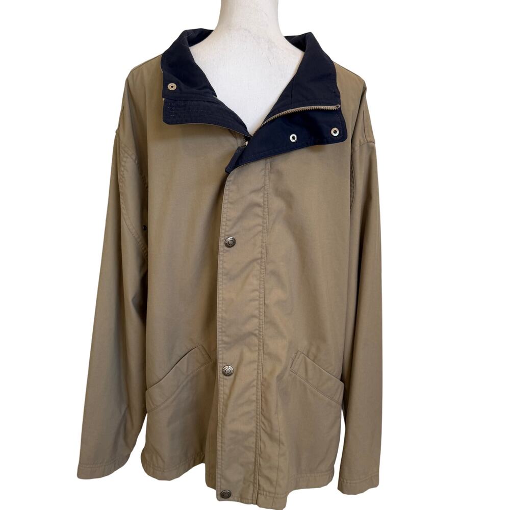 Eddie Bauer Coat Jacket Men's Large Tan Navy Chore Barn Full Zip Snap Pockets